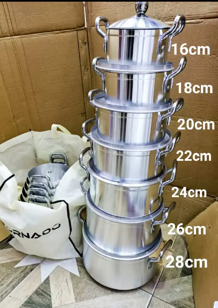 14 Pcs Set Aluminium HeavyDuty Cooking Pots Sufurias Tornado (7 pots + 7 lids) Silver 14 pcs + free two serving spoon
